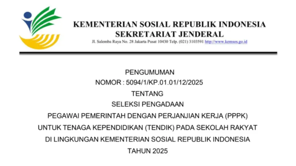 Gambar: Dokumen Resmi Pengumuman Seleksi PPPK Tenaga Kependidikan Sekolah Rakyat 