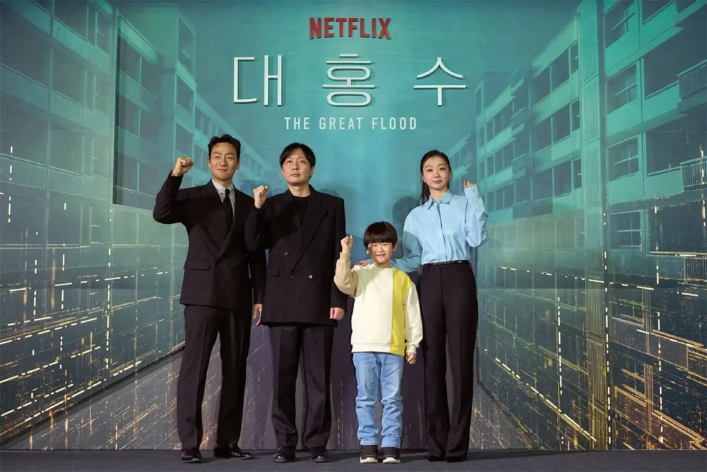 Gambar: Briefing produksi film Netflix ‘The Great Flood’ bersama aktor Park Hae-soo, sutradara Kim Byung-woo, aktor cilik Kwon Eun-sung, dan aktor Kim Da-mi ⓒ Netflix Korea